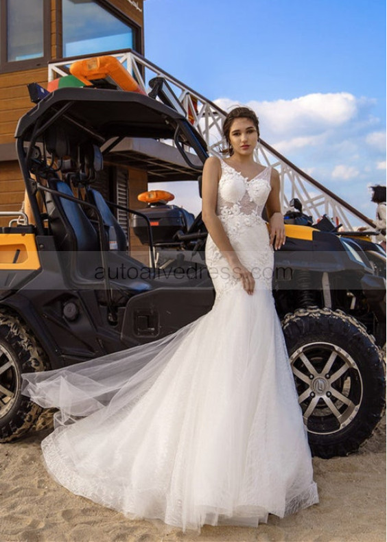 Beaded Ivory Lace Tulle See-through Wedding Dress
